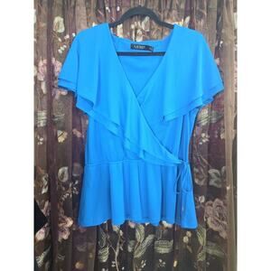 Lauren Ralph Lauren Blue Blouse Black Label Ruffle Cross Front XL